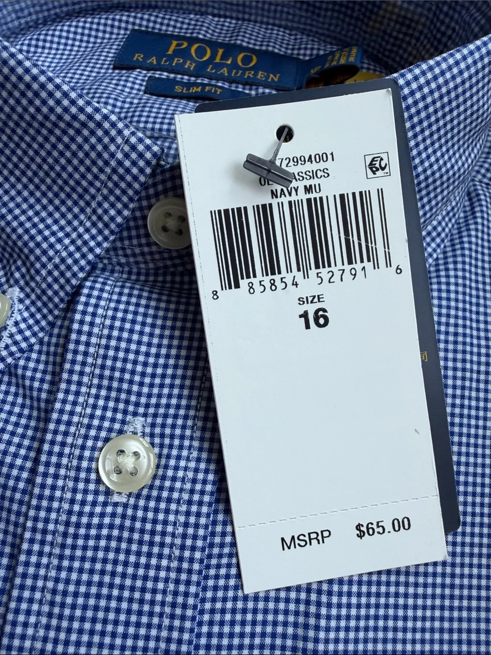 Ralph Lauren Polo Boys' Blue Gingham Slim Fit Dress Shirt - size 16- NWT